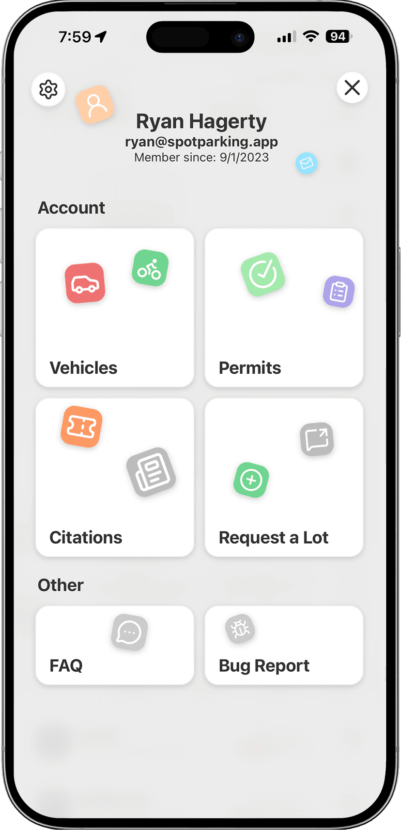 Spot Parking profile screen